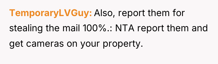 TemporaryLVGuy Also, report them for stealing the mail 100%.: NTA...