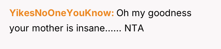 YikesNoOneYouKnow Oh my goodness your mother is insane...... NTA