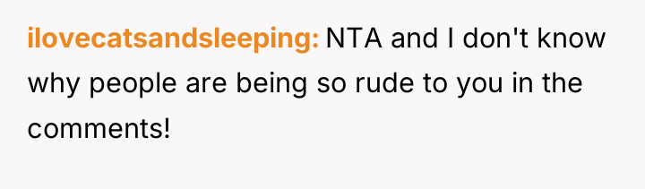 ilovecatsandsleeping NTA and I don't know why people are being...