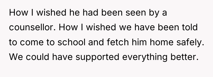How I wished he had been seen by a counsellor....