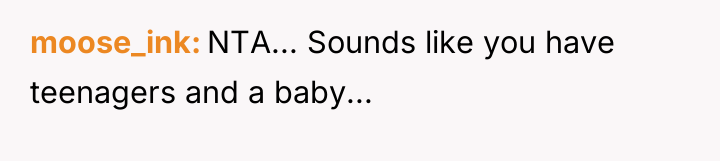 moose_ink NTA... Sounds like you have teenagers and a baby...