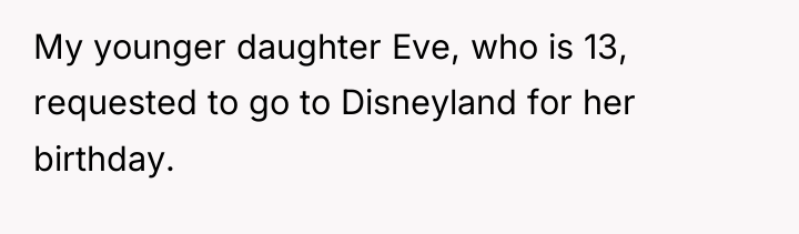 My younger daughter Eve, who is 13, requested to go...