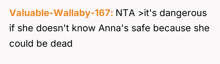 Valuable-Wallaby-167 NTA >it's dangerous if she doesn't know Anna's safe...