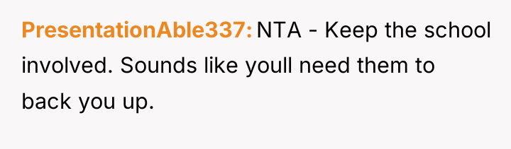 PresentationAble337 NTA - Keep the school involved. Sounds like youll...
