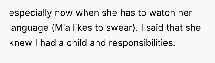especially now when she has to watch her language (Mia...