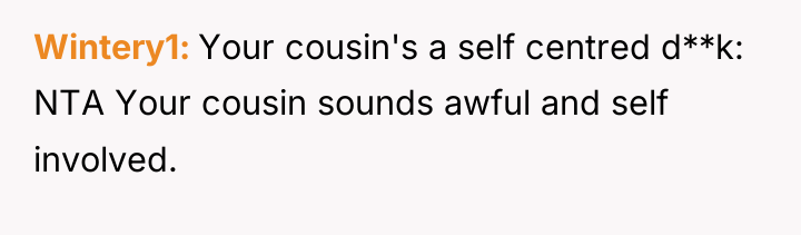 Wintery1 Your cousin's a self centred d**k: NTA Your cousin...