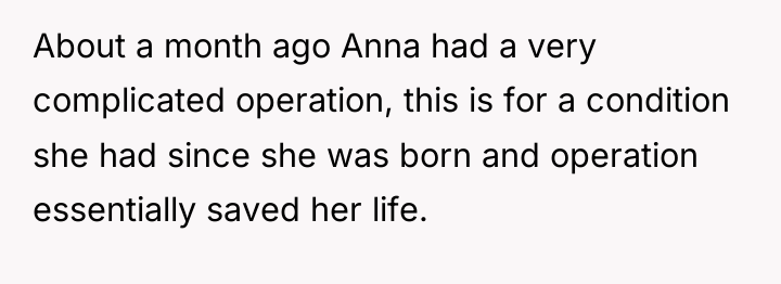 About a month ago Anna had a very complicated operation,...