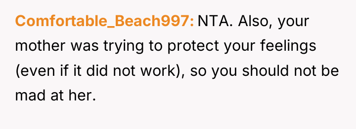 Comfortable_Beach997 NTA. Also, your mother was trying to protect your...