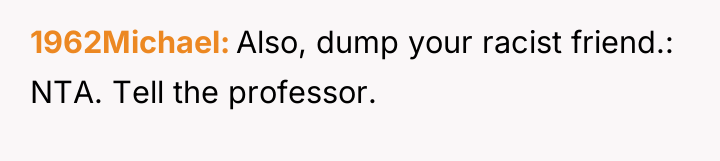 1962Michael Also, dump your racist friend.: NTA. Tell the professor.