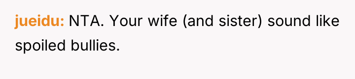 jueidu NTA. Your wife (and sister) sound like spoiled bullies.