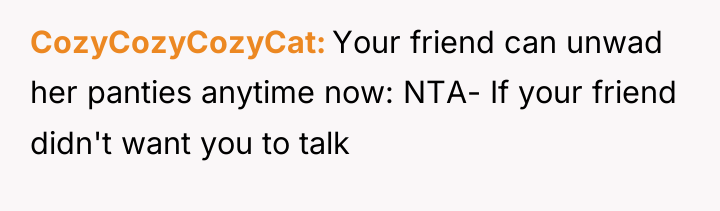 CozyCozyCozyCat Your friend can unwad her panties anytime now: NTA-...
