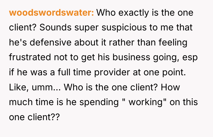 woodswordswater Who exactly is the one client? Sounds super suspicious...