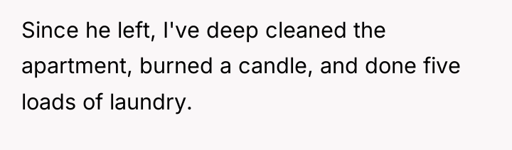 Since he left, I've deep cleaned the apartment, burned a...