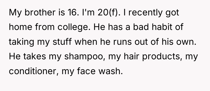 My brother is 16. I'm 20(f). I recently got home...