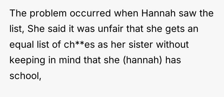 The problem occurred when Hannah saw the list, She said...