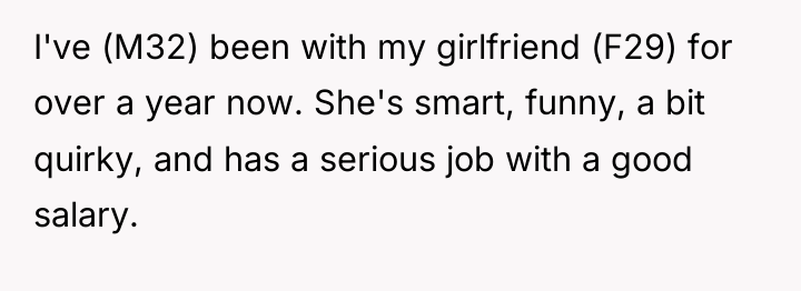 I've (M32) been with my girlfriend (F29) for over a...
