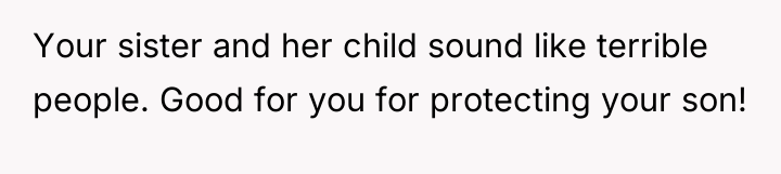 Your sister and her child sound like terrible people. Good...