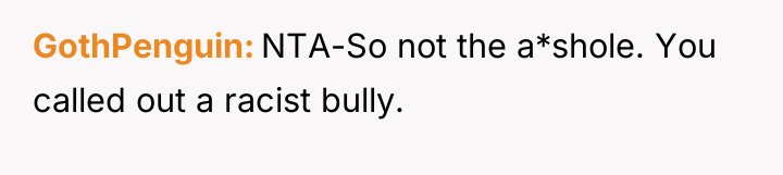 GothPenguin NTA-So not the a*shole. You called out a racist...