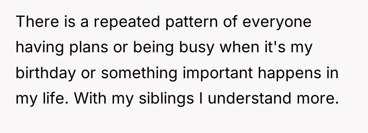 There is a repeated pattern of everyone having plans or...