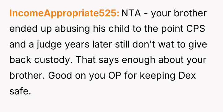 IncomeAppropriate525 NTA - your brother ended up abusing his child...
