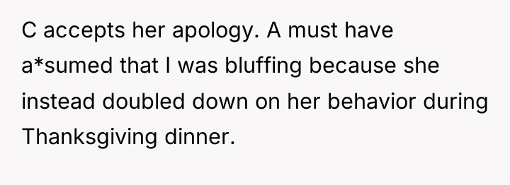 C accepts her apology. A must have a*sumed that I...