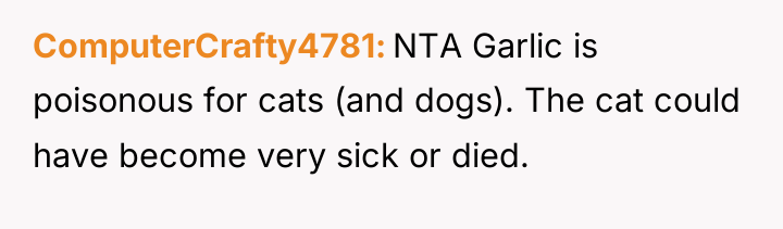 ComputerCrafty4781 NTA Garlic is poisonous for cats (and dogs). The...