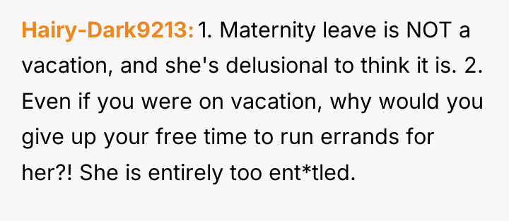 Hairy-Dark9213 1. Maternity leave is NOT a vacation, and she's...