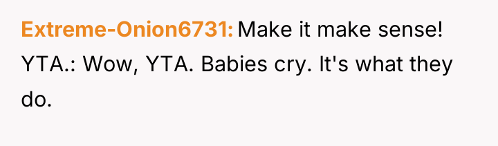 Extreme-Onion6731 Make it make sense! YTA.: Wow, YTA. Babies cry....