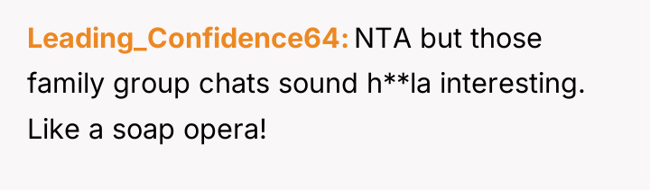 Leading_Confidence64 NTA but those family group chats sound h**la interesting....