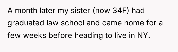 A month later my sister (now 34F) had graduated law...