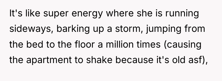 It's like super energy where she is running sideways, barking...