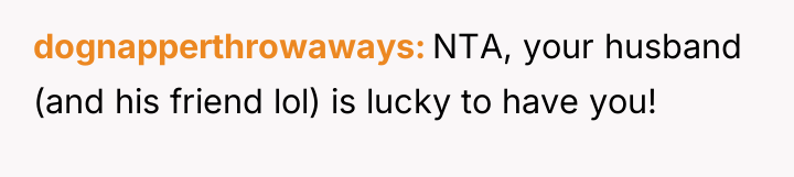 dognapperthrowaways NTA, your husband (and his friend lol) is lucky...