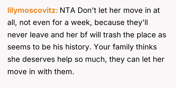 lilymoscovitz NTA Don't let her move in at all, not...