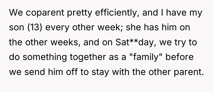 We coparent pretty efficiently, and I have my son (13)...