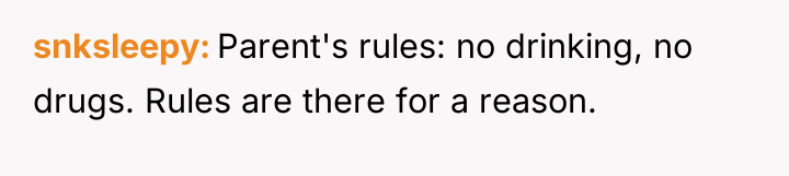 snksleepy Parent's rules: no drinking, no drugs. Rules are there...