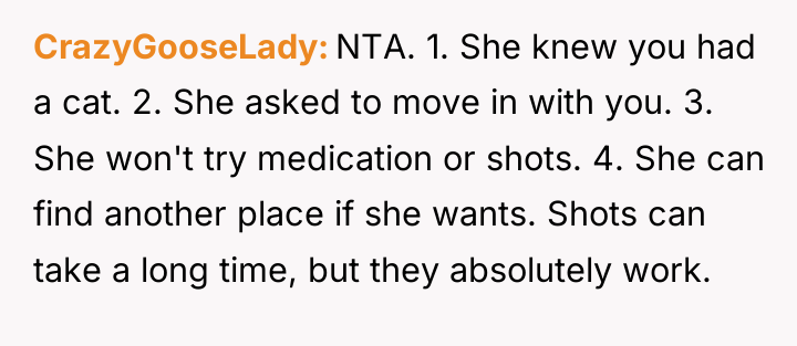 CrazyGooseLady NTA. 1. She knew you had a cat. 2....