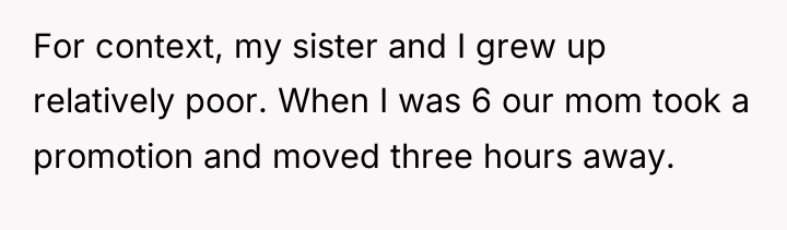 For context, my sister and I grew up relatively poor....