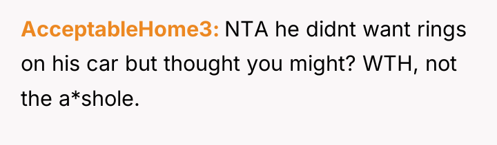 AcceptableHome3 NTA he didnt want rings on his car but...