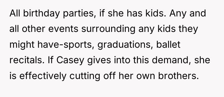 All birthday parties, if she has kids. Any and all...