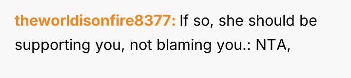 theworldisonfire8377 If so, she should be supporting you, not blaming...