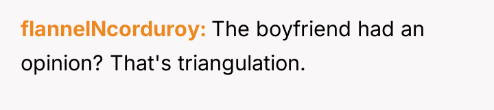 flannelNcorduroy The boyfriend had an opinion? That's triangulation.