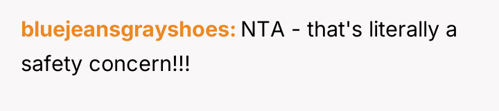 bluejeansgrayshoes NTA - that's literally a safety concern!!!