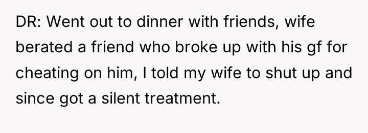DR: Went out to dinner with friends, wife berated a...