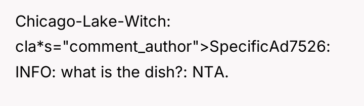 Chicago-Lake-Witch cla*s="comment_author">SpecificAd7526: INFO: what is the dish?: NTA.