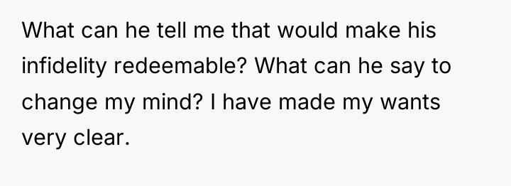 What can he tell me that would make his infidelity...