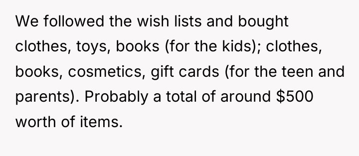 We followed the wish lists and bought clothes, toys, books...
