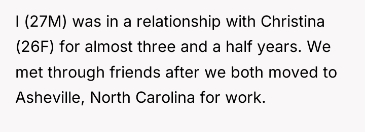 I (27M) was in a relationship with Christina (26F) for...