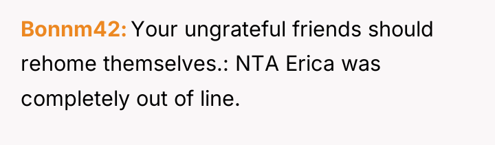 Bonnm42 Your ungrateful friends should rehome themselves.: NTA Erica was...