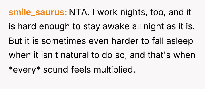 smile_saurus NTA. I work nights, too, and it is hard...