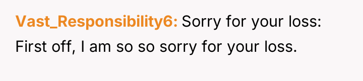 Vast_Responsibility6 Sorry for your loss: First off, I am so...
